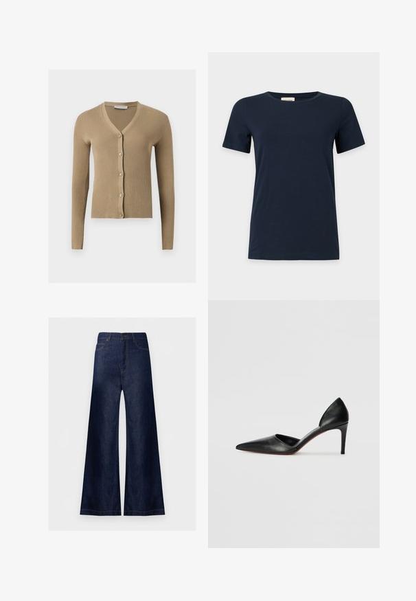 Beige ribstrikket cardigan med V-hals, lange ærmer og fem knapper foran.; Enkel mørkeblå T-shirt med korte ærmer og rund halsudskæring på en lys grå baggrund.; Mørkeblå jeans med brede ben, frontknap og lommer, vist mod en ensfarvet lys baggrund.; Sorte læder højhælede pumps med spidse tæer, åbne sider og en slank silhuet. Har en tynd hæl og rød sål som accent.