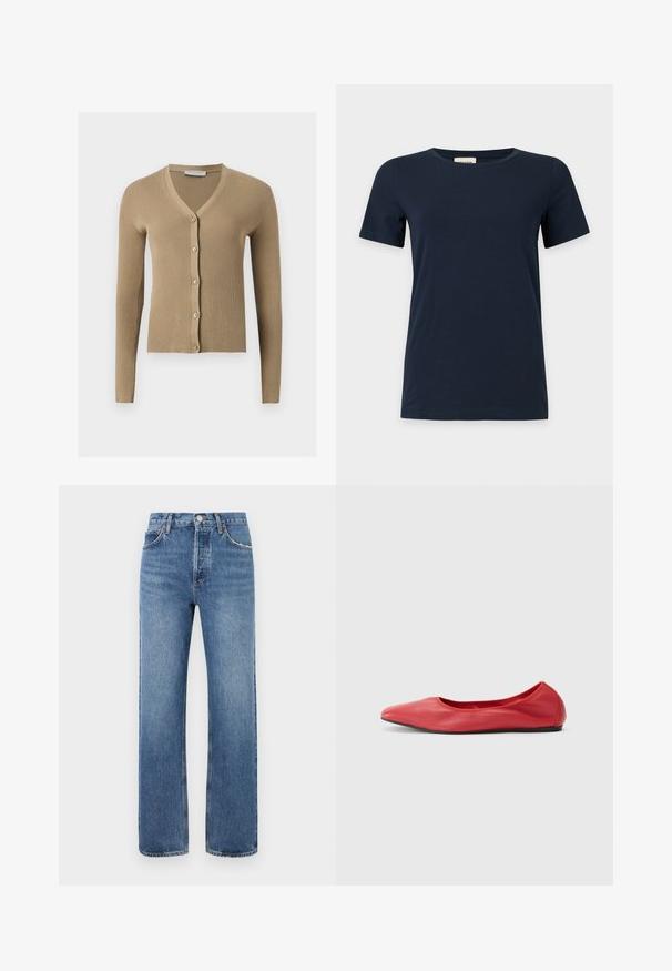 Beige ribstrikket cardigan med V-hals, lange ærmer og fem knapper foran.; Enkel mørkeblå T-shirt med korte ærmer og rund halsudskæring på en lys grå baggrund.; Blå denim jeans med lige ben design, fem lommer og bæltestropper. Stoffet har let falmning og subtile stikningsdetaljer.; Filippa K REY FLATS - Ballerinasko - bright red