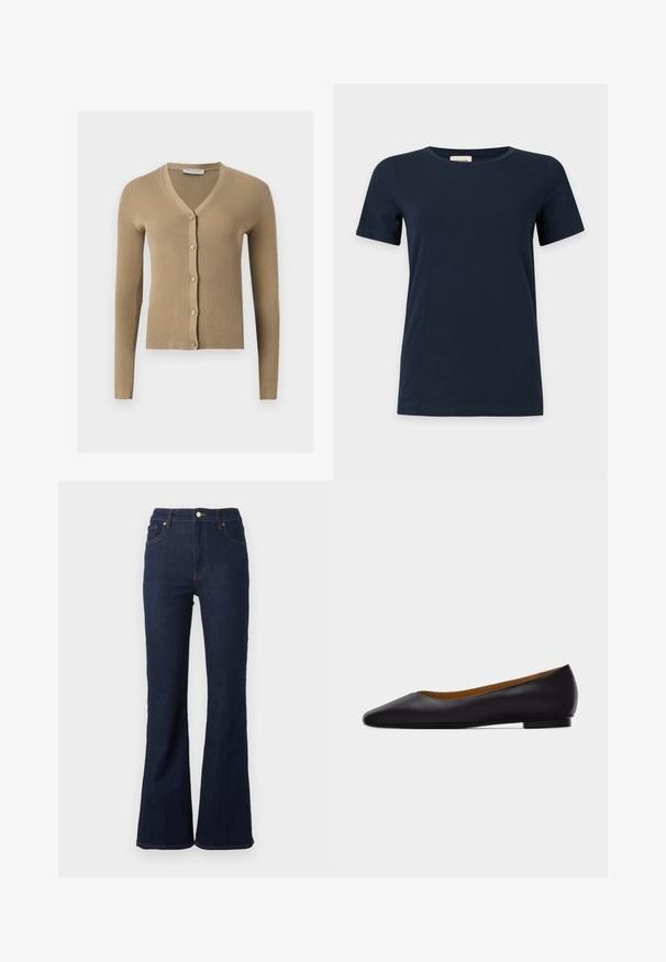 Cardigan beige en maille côtelée avec encolure en V, manches longues et cinq boutons à l'avant.; T-shirt bleu marine uni à manches courtes avec un col rond sur fond gris clair.; Jean en denim bleu foncé taille haute avec passants pour ceinture, bouton sur le devant, fermeture éclair, poches avant et arrière, et jambes légèrement évasées.; Chaussure plate en cuir noir à bout pointu avec talon bas et finition lisse, vue de côté sur un fond gris clair.