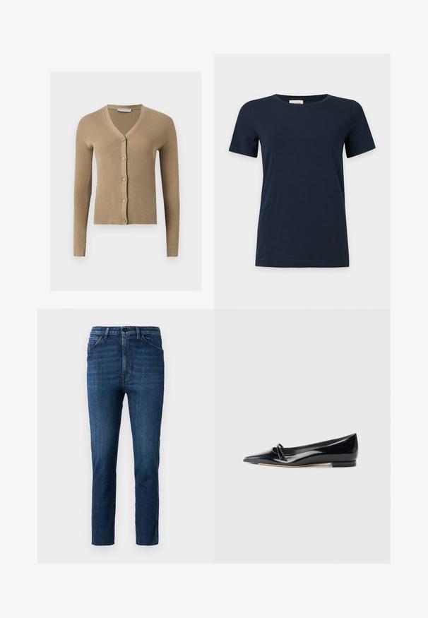 Beige ribstrikket cardigan med V-hals, lange ærmer og fem knapper foran.; Enkel mørkeblå T-shirt med korte ærmer og rund halsudskæring på en lys grå baggrund.; Blå slim-fit jeans med klassisk fem-lomme design og knaplukning, med subtil fading og ren lige ben skæring.; Sorte patentlæder flade sko med spids tå, lille dekorativ rem og lav blokhæl. Glat tekstur og strømlinet design.