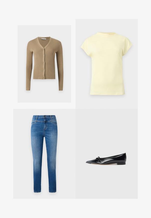 Beige geribbelde gebreide cardigan met V-hals, lange mouwen en vijf knopen aan de voorkant.; Lichtgeel, kortärmelig T-shirt met een ronde halslijn, weergegeven op een neutrale lichtgrijze achtergrond.; Klassieke blauwe denim jeans met een rechte pijp, ontworpen met een middelhoge taille, voorzakken en oranje stiksels.; Zwarte gepatenteerde leren platte schoen met een puntige neus, een kleine decoratieve band en een lage blokhak. Gladde textuur en strak ontwerp.