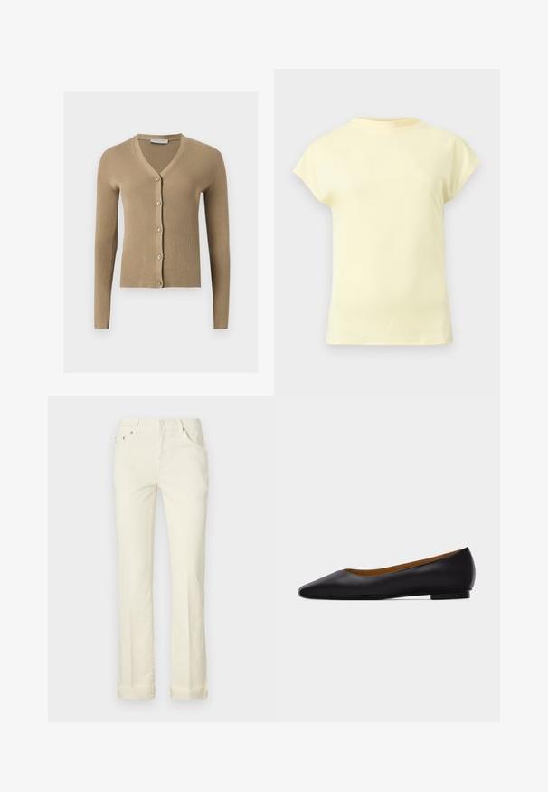 Beige ribstrikket cardigan med V-hals, lange ærmer og fem knapper foran.; Lysegul, kortærmet t-shirt med rund halsudskæring, vist på en neutral lys grå baggrund.; Lys gule straight-leg jeans lavet af bomuld, med fem lomme-design, bæltestropper og opbrettede manchetter ved kanten.; Sort læder flad sko med spids tå, lav hæl og glat finish, vist fra siden på en lysegrå baggrund.