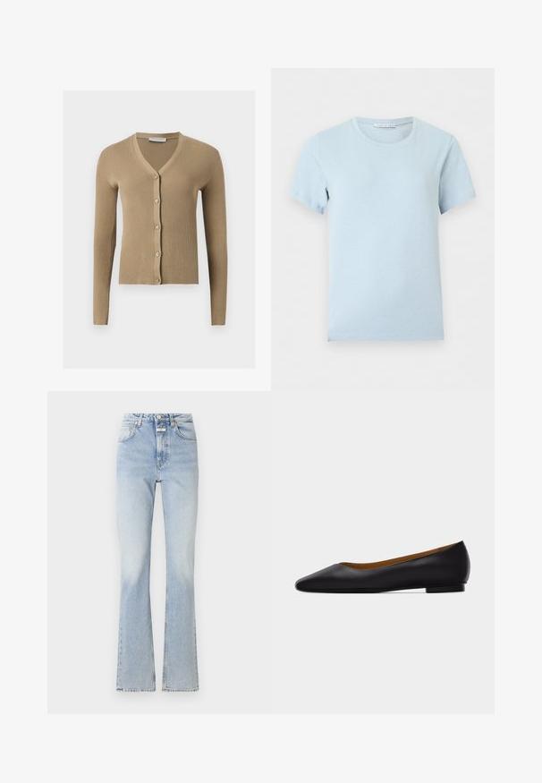 Beige värillinen ribbineulottu neuletakki V-aukolla, pitkillä hihoilla ja viidellä napilla edessä.; Vaaleansininen lyhythihainen pyöreäkauluksinen t-paita, jossa näkyvä merkkilappu kauluksessa, yksiväristä taustaa vasten.; Vaaleansiniset farkut, joissa on korkea vyötärö, leveät lahkeet ja hienovarainen haalistunut rakenne. Varustettuna nappi- ja vetoketjukiinnityksellä, ja siinä on viisi taskua.; Musta nahkainen, kärjestä terävä tasainen kenkä, jossa on matala kanta ja sileä pinta, kuvattuna sivulta vaaleanharmaalla taustalla.