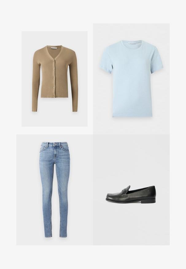 Beige ribstrikket cardigan med V-hals, lange ærmer og fem knapper foran.; Lyseblå kortærmet t-shirt med rund halsudskæring og synligt mærke indeni kraven mod ensfarvet baggrund.; Lyseblå stramme jeans lavet af denim, med en standard linning, fem lommer og kontrastsyninger langs sømmene.; Sorte læder loafers med en rund tå, forhøjede syningsdetaljer og en lav, stablet hæl. Glat tekstur med en subtil glans.