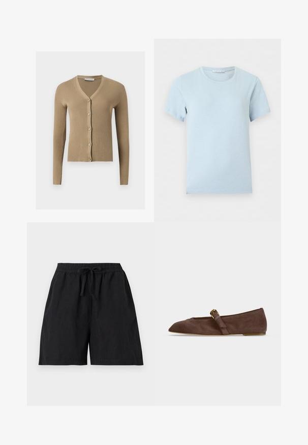 Cardigan beige en maille côtelée avec encolure en V, manches longues et cinq boutons à l'avant.; T-shirt bleu clair manches courtes à col rond avec une étiquette de marque visible à l'intérieur du col sur fond uni.; Short noir décontracté avec ceinture élastique et cordon à l'avant, avec poches latérales et coupe ample.; Chaussure plate en daim marron avec bout pointu et bride à boucle dorée sur le côté, vue de profil sur fond blanc.