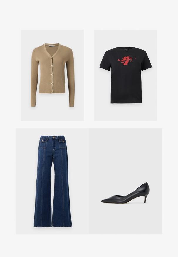 Cárdigan de punto beige acanalado con escote en V, mangas largas y cinco botones delanteros.; Camiseta negra de manga corta con un gráfico centrado en el pecho que muestra a un cupido rojo sosteniendo un arco y una flecha.; Jeans de denim de pierna ancha en azul oscuro. Cuenta con cuatro bolsillos, grandes detalles de costura y un diseño de cintura alta. Cierre clásico de botón.; Zapato de tacón bajo de cuero negro con punta puntiaguda. Presenta una textura lisa y un brillo sutil. Corte abierto en la parte frontal para un detalle adicional.