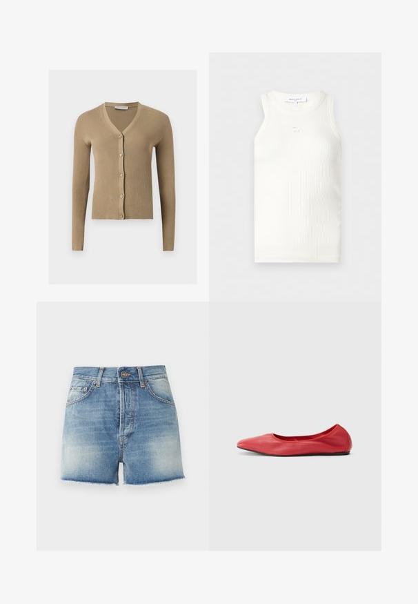 Cardigan beige en maille côtelée avec encolure en V, manches longues et cinq boutons à l'avant.; Haut sans manches blanc à côtes avec encolure ronde et petit détail brodé d'un renard sous le col, étiqueté Maison Kitsuné.; Short en denim bleu clair avec délavage, cinq poches, passants pour ceinture, fermeture à bouton et bords d'ourlet bruts.; Filippa K REY FLATS - Ballerines - bright red