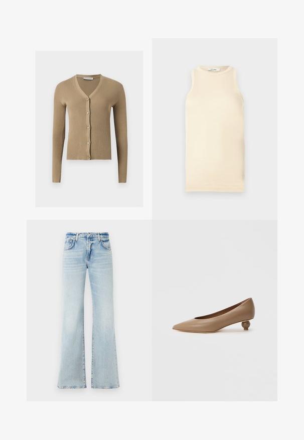 Beige Rippenstrick-Cardigan mit V-Ausschnitt, langen Ärmeln und fünf vorderen Knöpfen.; Helles beiges ärmelloses Top aus geripptem Stoff, mit einem runden Ausschnitt und figurbetontem Design. Glatte Textur mit minimalen Nähten.; Hellblaue, ausgestellte Jeans aus Denim mit weicher Textur, fünf Taschen und Knopfverschluss. Mit Verblassungen für einen getragenen Effekt.; Spitz zulaufender Pump aus glattem, hellbraunem Leder. Verfügt über einen abgerundeten, niedrigen Absatz in Kugelform. Minimalistisches Design, keine sichtbaren Verzierungen.
