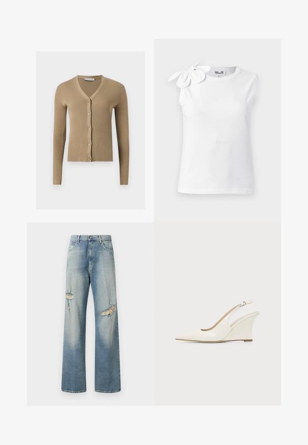Beige geribbelde gebreide cardigan met V-hals, lange mouwen en vijf knopen aan de voorkant.; Wit mouwloos topje met ronde hals en een grote stoffen strik op de linkerschouder, getoond tegen een effen achtergrond.; Lichtblauwe denim wijde jeans met verwassen scheuren aan de voorkant, knoopsluiting en klassiek vijf-pocket ontwerp. Zachte textuur.; Witte lakleren slingback sleehakschoen met puntige neus en verstelbare gesp op effen achtergrond.