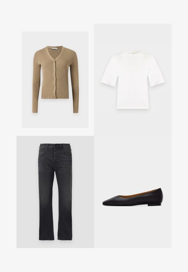 Beige ribstrikket cardigan med V-hals, lange ærmer og fem knapper foran.; Hvid kortærmet t-shirt med rund hals, lige snit og glat stoftekstur vist på en flad lys grå baggrund.; Sorte denimjeans med lige ben, der har et klassisk fem-lomme design, knaplukning og subtilt slid på stoffet.; Sort læder flad sko med spids tå, lav hæl og glat finish, vist fra siden på en lysegrå baggrund.