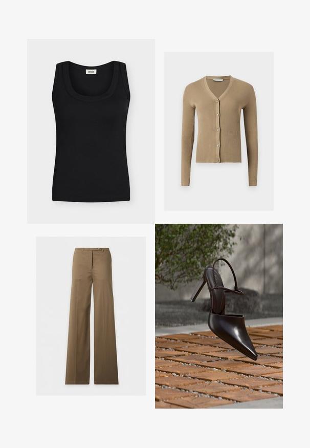 Cardigan beige en maille côtelée avec encolure en V, manches longues et cinq boutons à l'avant.; Débardeur noir côtelé sans manches avec larges bretelles et encolure ronde, étiquette de marque visible à l'intérieur du col.; Pantalon marron taille haute à jambes larges, avec passants de ceinture, fermeture à bouton et plis marqués sur le devant, présenté sur fond blanc.; Mule noire brillante à talons hauts avec bout pointu et bride à la cheville, suspendue au-dessus d'une surface carrelée en terre cuite avec des interstices remplis de gravier.