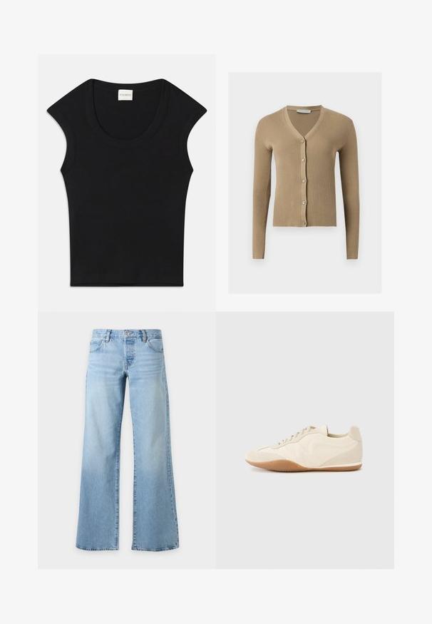 Cardigan beige en maille côtelée avec encolure en V, manches longues et cinq boutons à l'avant.; Haut sans manches noir en tissu doux avec un col arrondi et une coupe ajustée. Présente une étiquette portant la mention "CLOSED" au niveau du cou.; Jean bleu clair taille haute à jambes larges, avec poches avant et passants pour ceinture, présenté à plat sur un fond blanc.; Baskets beige clair avec une tige en cuir texturé, des panneaux latéraux texturés et une semelle en caoutchouc. Dotées d'un design fin et épuré ainsi que de lacets plats.