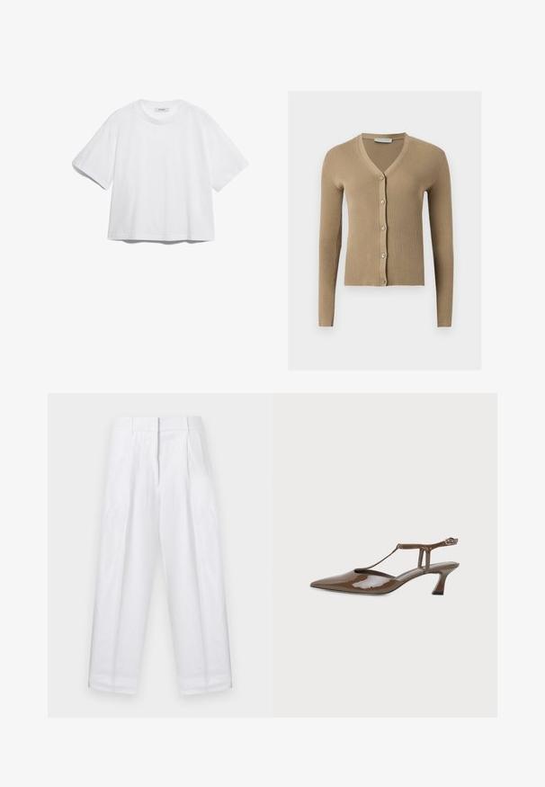 Cárdigan de punto beige acanalado con escote en V, mangas largas y cinco botones delanteros.; Camiseta de algodón blanca con manga corta, escote redondo, corte relajado y sin patrones o gráficos visibles. Textura suave y diseño sencillo.; Pantalones blancos de cintura alta con pliegues, trabillas para cinturón y cierre frontal oculto, mostrados sobre un fondo liso.; Zapato slingback de cuero marrón brillo con puntera puntiaguda, tacón bajo tipo kitten, tira en T fina y cierre de hebilla en el tobillo.