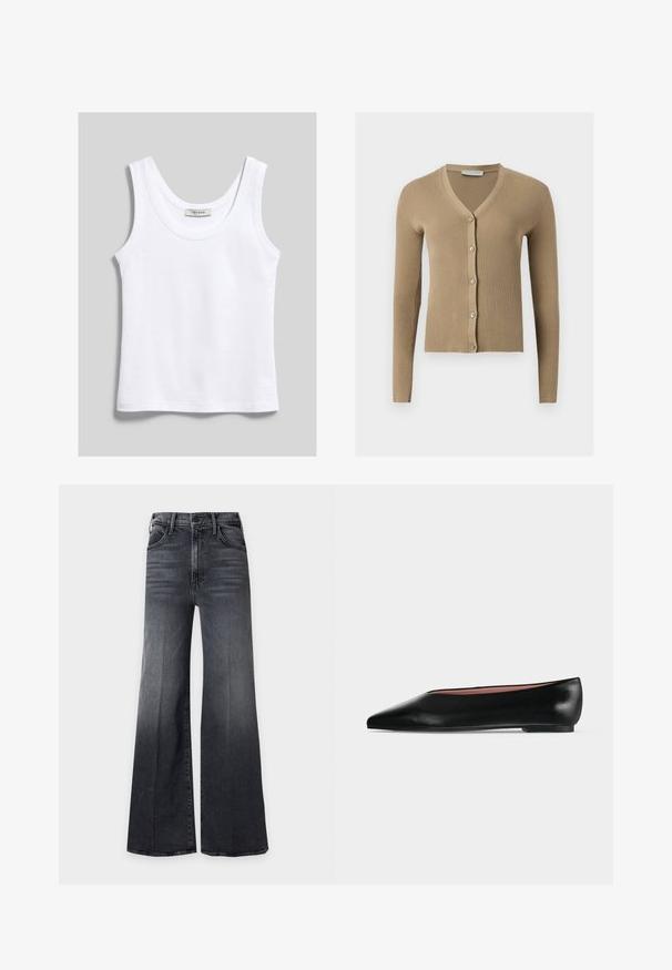 Cardigan beige en maille côtelée avec encolure en V, manches longues et cinq boutons à l'avant.; Débardeur blanc en coton sans manches avec encolure dégagée, présenté à plat sur fond gris clair.; Jean noir taille haute à jambes larges avec poches avant et fermeture à bouton, présentant de subtils détails de décoloration et de stries.; Chaussure plate en cuir noir pour femme, avec bout pointu et petit talon, vue de côté sur un fond gris clair uni.