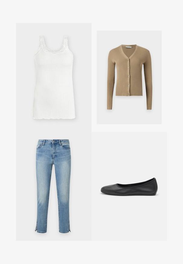 Cardigan beige en maille côtelée avec encolure en V, manches longues et cinq boutons à l'avant.; Débardeur blanc côtelé sans manches avec bordure en dentelle autour de l'encolure dégagée et des bretelles, présenté sur un fond clair uni.; Jean en denim bleu clair délavé avec bouton à l'avant, poches et fentes aux chevilles des deux côtés, présenté sur fond blanc.; Ballerines en cuir noir avec un bout rond, texture lisse, détails de couture minimalistes et design de semelle flexible.