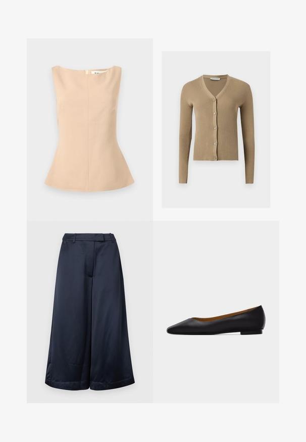 Cardigan beige en maille côtelée avec encolure en V, manches longues et cinq boutons à l'avant.; Haut sans manches beige pour femme avec encolure bateau, taille cintrée et ourlet légèrement évasé sur un fond gris clair.; Pantalon large bleu marine, coupé court, avec passants de ceinture, fermeture éclair à l'avant, et finition satinée lisse, sur un fond clair uni.; Chaussure plate en cuir noir à bout pointu avec talon bas et finition lisse, vue de côté sur un fond gris clair.