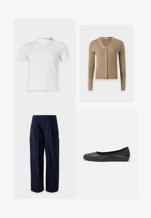 Cardigan beige en maille côtelée avec encolure en V, manches longues et cinq boutons à l'avant.; Haut blanc à manches courtes avec un col asymétrique et deux boutons sur l’épaule droite, présenté sur un fond uni.; Pantalon cargo bleu marine à jambes larges, passants de ceinture, fermeture à l'avant, poches latérales et deux grandes poches sur les cuisses, exposé sur un fond uni.; Ballerines en cuir noir avec un bout rond, texture lisse, détails de couture minimalistes et design de semelle flexible.