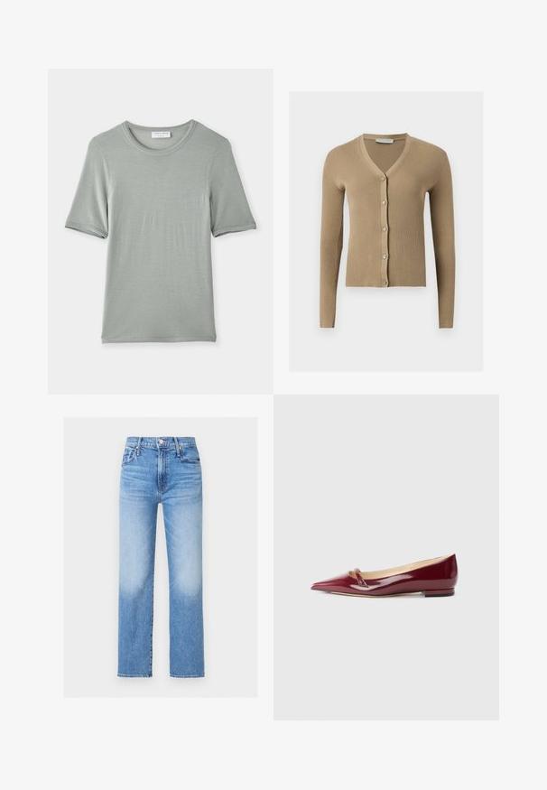 Beige Rippenstrick-Cardigan mit V-Ausschnitt, langen Ärmeln und fünf vorderen Knöpfen.; Kurzärmliges T-Shirt mit Rundhalsausschnitt in Hellgrau, aus weichem Stoff mit glatter Textur und dezentem Nähten an ärmeln und Kragen.; Hoch taillierte, gerade geschnittene blaue Denim-Jeans mit Vordertaschen, Gürtelschlaufen, Knopf und ausgewaschenen Details an Oberschenkeln und Knien.; Burgunderfarbene Lacklederballerinas mit spitzem Zehenbereich, ausgestattet mit einem kleinen Ausschnitt und einem niedrigen Absatz. Glatte Textur und elegantes Design.