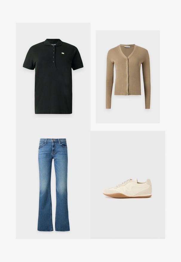 Cardigan beige en maille côtelée avec encolure en V, manches longues et cinq boutons à l'avant.; Polo noir en tissu doux ; présente un col, des manches courtes, une patte de boutonnage à six boutons et un petit logo vert sur la poitrine.; Jean en denim bleu avec bouton et fermeture éclair, cinq poches et une légère évasement en bas, présenté sur un fond uni.; Baskets beige clair avec une tige en cuir texturé, des panneaux latéraux texturés et une semelle en caoutchouc. Dotées d'un design fin et épuré ainsi que de lacets plats.