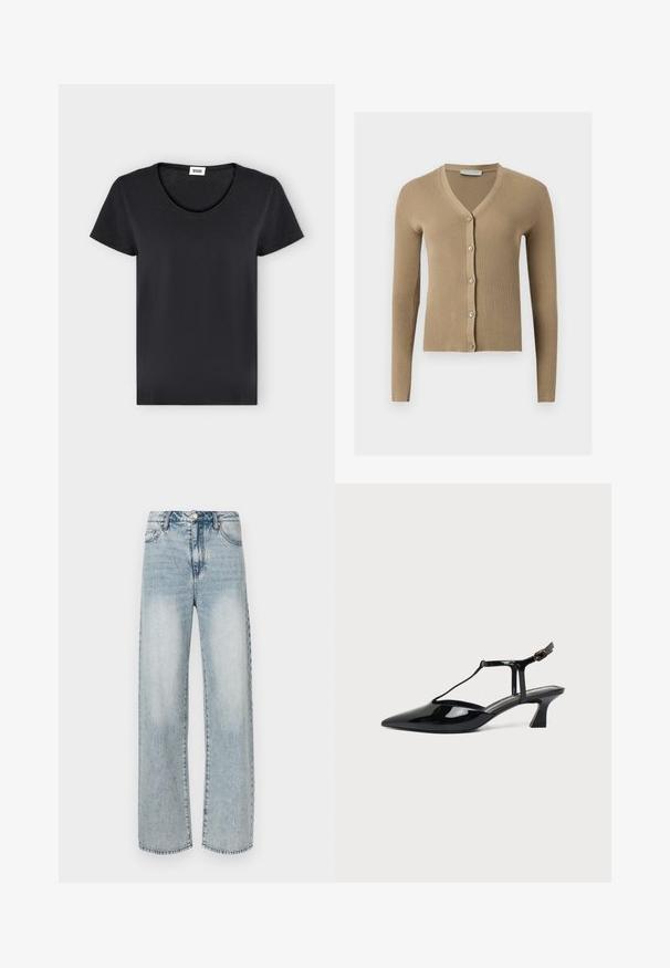 Cardigan beige en maille côtelée avec encolure en V, manches longues et cinq boutons à l'avant.; T-shirt noir uni à manches courtes avec col rond et petite étiquette de marque blanche à l'intérieur du col.; Jean large couleur bleu clair en denim, doté d'une taille haute, d'un design à cinq poches, d'une texture délavée et de détails de coutures visibles.; Chaussure slingback en cuir verni noir à bout pointu avec bride en T et petit talon bloc incliné sur fond blanc.