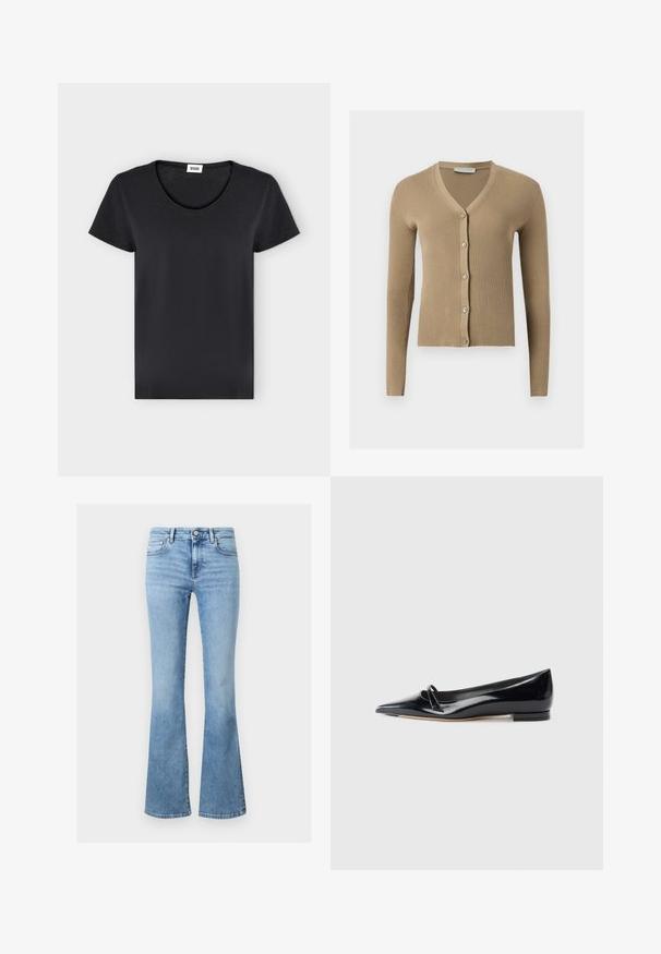 Cardigan beige en maille côtelée avec encolure en V, manches longues et cinq boutons à l'avant.; T-shirt noir uni à manches courtes avec col rond et petite étiquette de marque blanche à l'intérieur du col.; Jean en denim bleu clair taille haute, style classique à cinq poches, fermeture à boutons, et jambes légèrement évasées.; Chaussure plate en cuir verni noir avec un bout pointu, une petite lanière décorative et un petit talon carré. Texture lisse et design épuré.