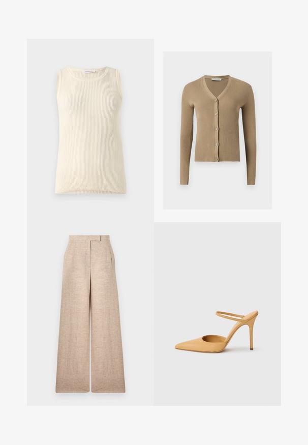 Beige ribstrikket cardigan med V-hals, lange ærmer og fem knapper foran.; Ärmløs cremefarvet top med ribbet tekstur og rund halsudskæring. Stoffet ser blødt ud, med en tætsiddende form og ingen synlige mønstre eller accenter.; Beige bukser med vide ben, høj talje, diskrete forplisseringer foran og skjult lukning foran.; Beige spidse stilettohæle med en tynd ankelrem på en hvid baggrund.