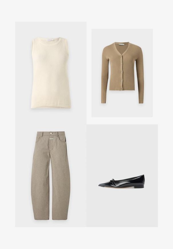 Cardigan beige en maille côtelée avec encolure en V, manches longues et cinq boutons à l'avant.; Haut sans manches crème avec une texture côtelée et un col rond. Le tissu semble doux, avec une coupe ajustée et sans motifs ni accents visibles.; CLOSED JAZZIE - Jean boyfriend - silt grey; Chaussure plate en cuir verni noir avec un bout pointu, une petite lanière décorative et un petit talon carré. Texture lisse et design épuré.