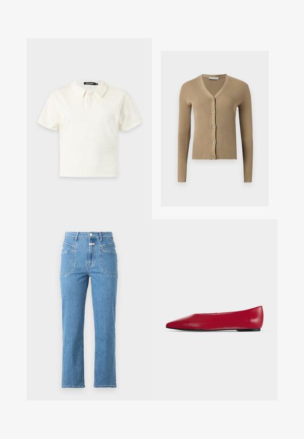 Cardigan beige en maille côtelée avec encolure en V, manches longues et cinq boutons à l'avant.; Polo blanc à manches courtes avec deux boutons et un col, présenté sur un fond clair uni.; Jean en denim bleu clair à coupe droite, taille haute, poches avant, passants de ceinture et fermeture par boutons.; Chaussure plate en cuir rouge à bout pointu, semelle noire et petit talon, vue de profil sur un fond clair uni.