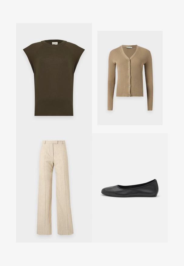 Cardigan beige en maille côtelée avec encolure en V, manches longues et cinq boutons à l'avant.; Haut sans manches en maille vert olive foncé avec col rond et ourlet côtelé, présenté à plat sur un fond clair.; Pantalon beige taille haute à jambes larges avec passants de ceinture et plis devant, réalisé en tissu texturé.; Ballerines en cuir noir avec un bout rond, texture lisse, détails de couture minimalistes et design de semelle flexible.
