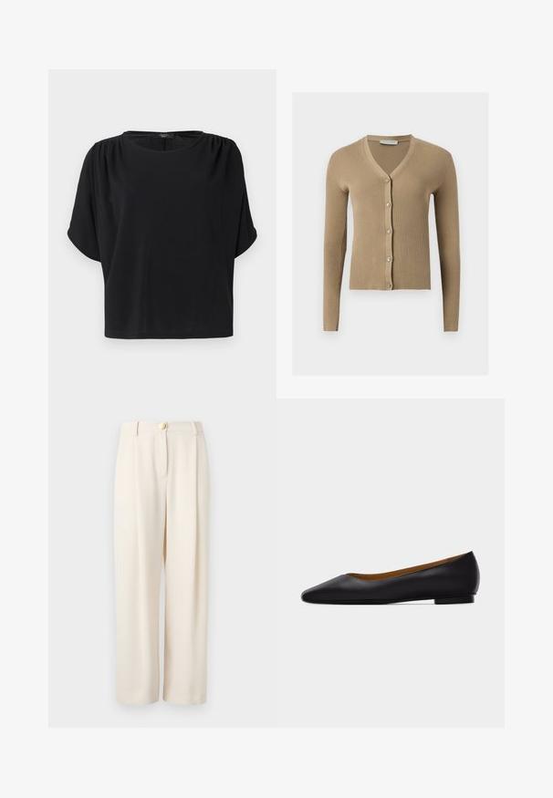 Cardigan beige en maille côtelée avec encolure en V, manches longues et cinq boutons à l'avant.; Haut noir à manches courtes avec une coupe décontractée, un col rond et des détails froncés aux épaules, confectionné dans un tissu doux et léger.; Pantalon beige à jambes larges en tissu lisse, doté d'une fermeture à un seul bouton, de poches latérales et d'une coupe décontractée pour un port confortable.; Chaussure plate en cuir noir à bout pointu avec talon bas et finition lisse, vue de côté sur un fond gris clair.