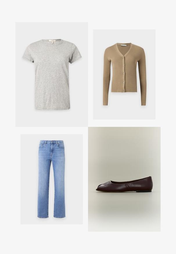 Cardigan beige en maille côtelée avec encolure en V, manches longues et cinq boutons à l'avant.; T-shirt gris clair à manches courtes et col rond avec un motif chiné subtil affiché sur un fond uni.; Jean en denim bleu clair avec coupe droite, fermeture à boutons, poches avant et coutures visibles sur un fond uni.; Chaussure plate en cuir marron foncé avec bout ouvert et petit talon sur fond clair uni.