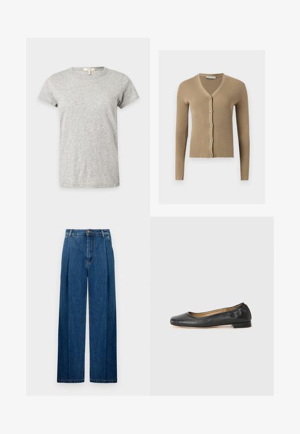 Cardigan beige en maille côtelée avec encolure en V, manches longues et cinq boutons à l'avant.; T-shirt gris clair à manches courtes et col rond avec un motif chiné subtil affiché sur un fond uni.; Pantalons en denim à jambes larges de couleur bleu foncé, avec des plis frontaux, une fermeture à bouton et des coutures classiques le long des coutures. Texture lisse tout au long.; Ballerines en cuir noir avec un bout arrondi et des coutures minimales. Talon bas et rectangulaire avec une texture lisse. Détails subtils de doublure intérieure.
