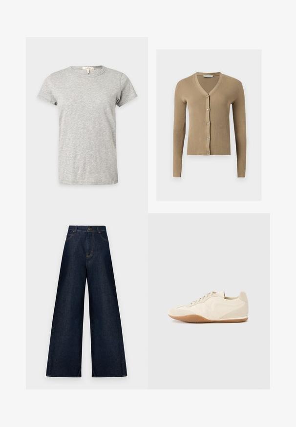 Cardigan beige en maille côtelée avec encolure en V, manches longues et cinq boutons à l'avant.; T-shirt gris clair à manches courtes et col rond avec un motif chiné subtil affiché sur un fond uni.; Jean denim bleu foncé à jambes larges, fermeture par boutons et fermeture éclair, poches avant, et coutures contrastées.; Baskets beige clair avec une tige en cuir texturé, des panneaux latéraux texturés et une semelle en caoutchouc. Dotées d'un design fin et épuré ainsi que de lacets plats.