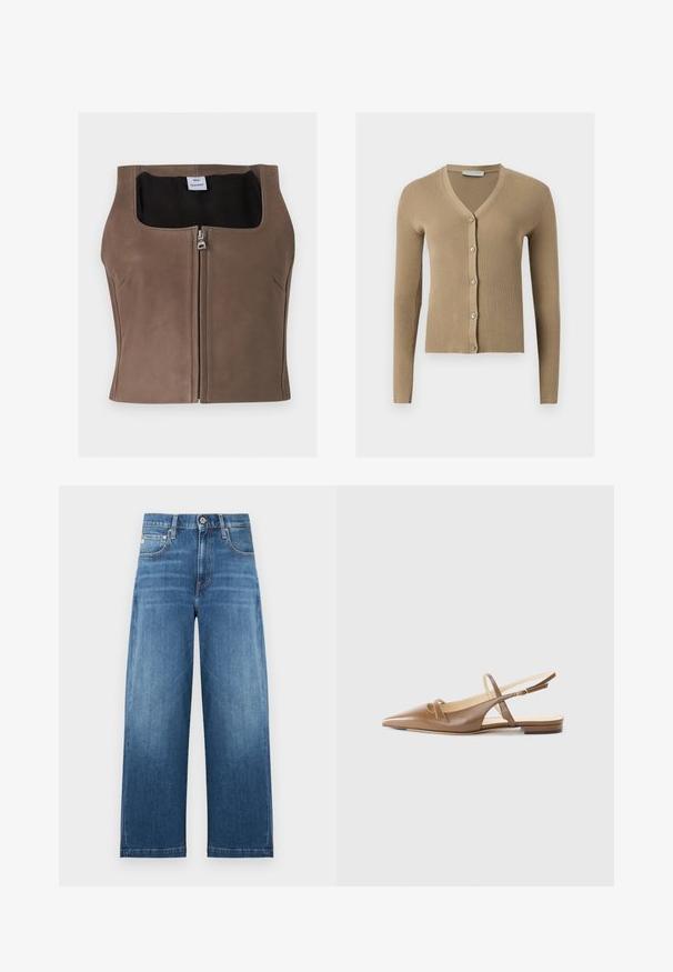 Cardigan beige en maille côtelée avec encolure en V, manches longues et cinq boutons à l'avant.; Veste courte marron sans manches en cuir synthétique avec fermeture éclair devant et encolure carrée, doublure intérieure noire et étiquette de la marque à l'intérieur.; Jeans pattes larges bleu foncé en denim avec une finition délavée, conception à cinq poches et fermeture par bouton à la taille.; Chaussures slingback en cuir marron avec un bout pointu, deux fines sangles et un petit talon. Texture lisse avec une finition polie.