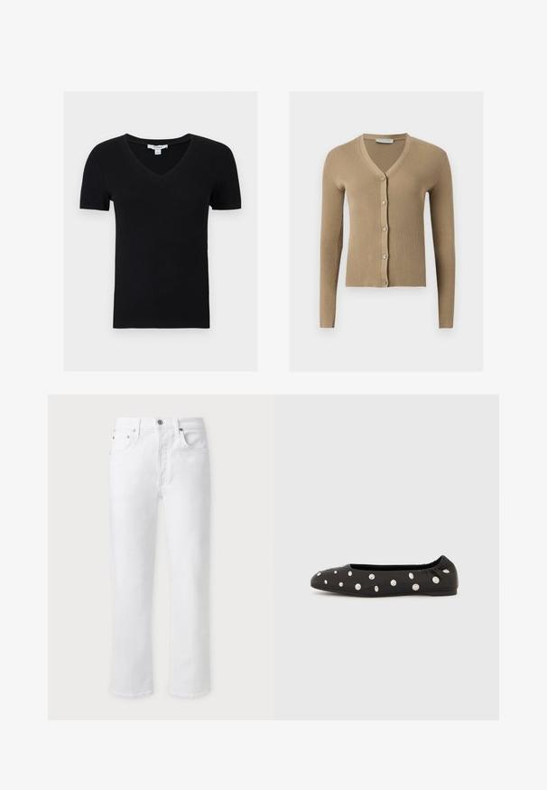 Cardigan beige en maille côtelée avec encolure en V, manches longues et cinq boutons à l'avant.; Haut court noir côtelé à manches courtes avec col en V, en tissu extensible, présenté à plat sur fond blanc.; Jean blanc droit avec fermeture par boutons sur le devant, passants pour ceinture et poches avant et arrière, présenté sur un fond clair uni.; Chaussure ballerine noire à bride élastique à l'arrière, ornée de gros clous ronds argentés dispersés sur le dessus, vue de profil sur fond blanc.
