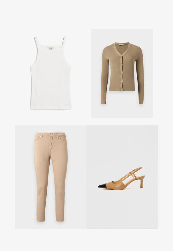 Beige geribbelde gebreide cardigan met V-hals, lange mouwen en vijf knopen aan de voorkant.; Witte tanktop met dunne banden, gemaakt van ribkatoenen stof, met een rechte halslijn en een nette afwerking aan de zoom.; Beige slim-fit broek met knoop aan de voorkant, rits, riemlussen en vijf zakken, afgebeeld tegen een effen lichte achtergrond.; Beige slingbackhakken met een spitse zwarte neuskap, met uitgeholde zijkanten en een blokhak van gemiddelde hoogte. Glad leermateriaal.