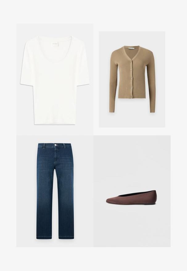 Beige Rippenstrick-Cardigan mit V-Ausschnitt, langen Ärmeln und fünf vorderen Knöpfen.; Weißes T-Shirt mit kurzen Ärmeln und rundem Ausschnitt. Hergestellt aus weichem Baumwollstoff, bietet es einen lässigen Schnitt und ein minimalistisches Design.; Dunkelblaue Straight-Leg-Denim-Jeans mit vorderer Knopf- und Reißverschluss, Gürtelschlaufen und dezentem Verblassen an den Oberschenkeln.; Braune Ballettschuhe aus Stoff mit spitz zulaufender Spitze und glatter Textur, ausgestattet mit einem niedrigen Rückenteil und einer dünnen schwarzen Sohle. Keine sichtbaren Muster oder Verzierungen.