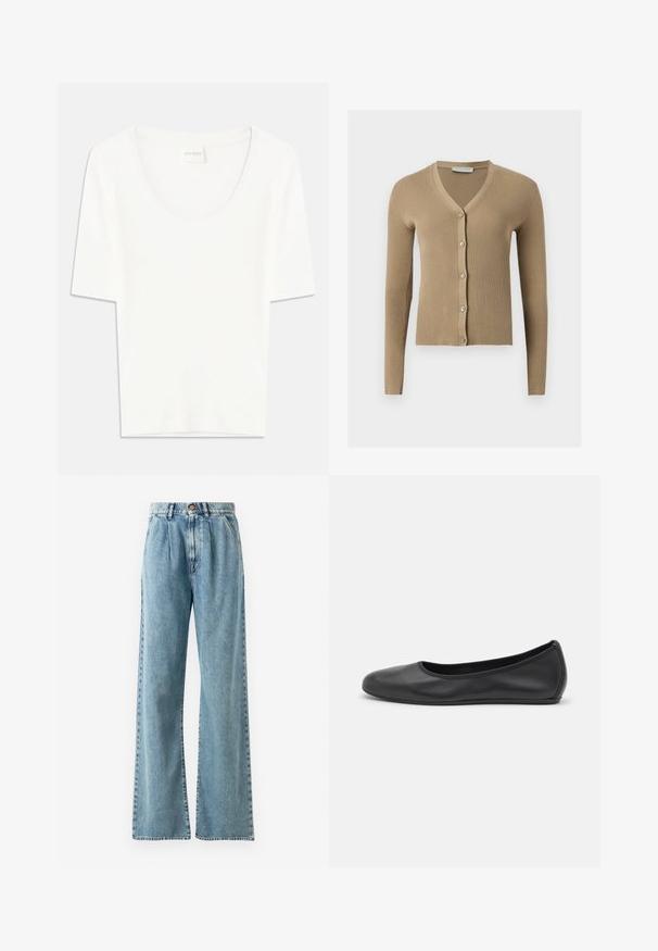 Beige geribbelde gebreide cardigan met V-hals, lange mouwen en vijf knopen aan de voorkant.; Witte T-shirt met korte mouwen en een ronde hals. Gemaakt van zacht katoen, heeft het een comfortabele pasvorm en een minimalistisch ontwerp.; Lichtblauwe high waist wijde jeans gemaakt van denim, met een knoopsluiting, prominente plooien en gestikte zakken.; Zwarte leren ballerina met een ronde neus, gladde textuur, minimale stikdetails en een flexibele zoolontwerp.