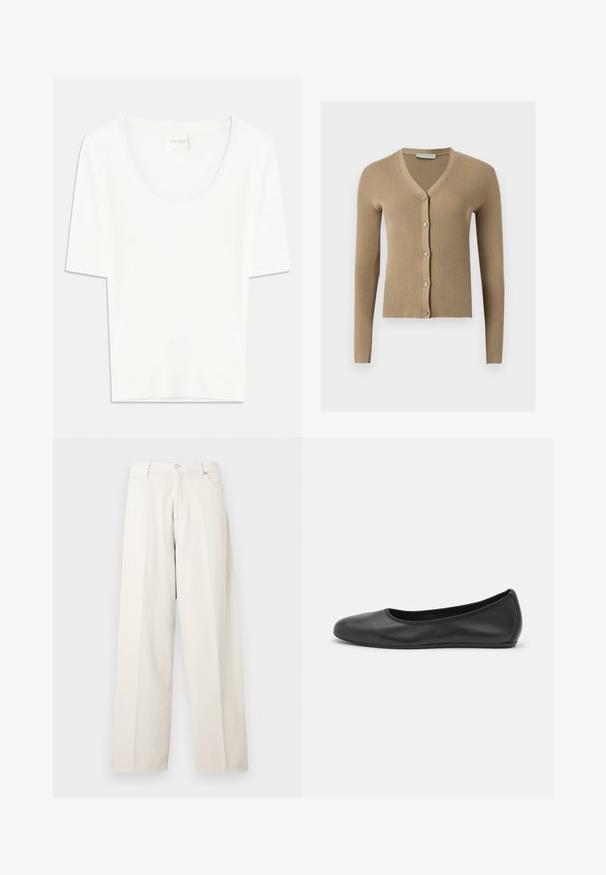 Beige geribbelde gebreide cardigan met V-hals, lange mouwen en vijf knopen aan de voorkant.; Witte T-shirt met korte mouwen en een ronde hals. Gemaakt van zacht katoen, heeft het een comfortabele pasvorm en een minimalistisch ontwerp.; Off-white wijde broek met riemlussen, knoopsluiting aan de voorkant, ritssluiting en zijzakken, getoond tegen een lichte effen achtergrond.; Zwarte leren ballerina met een ronde neus, gladde textuur, minimale stikdetails en een flexibele zoolontwerp.