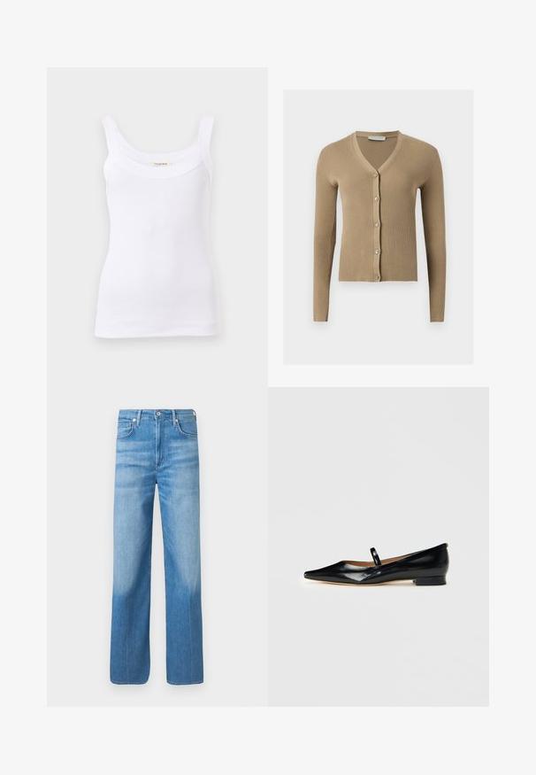 Beige ribbed knit cardigan with V-neck, long sleeves, and five front buttons.; White ribbed tank top with wide shoulder straps and a scoop neckline, displayed on a plain light background.; Light blue straight-leg jeans with slight fading on the thighs, front pockets, belt loops, and a button closure at the waist.; Black patent leather pointed-toe Mary Jane flat shoe with a single strap and low heel on plain background.