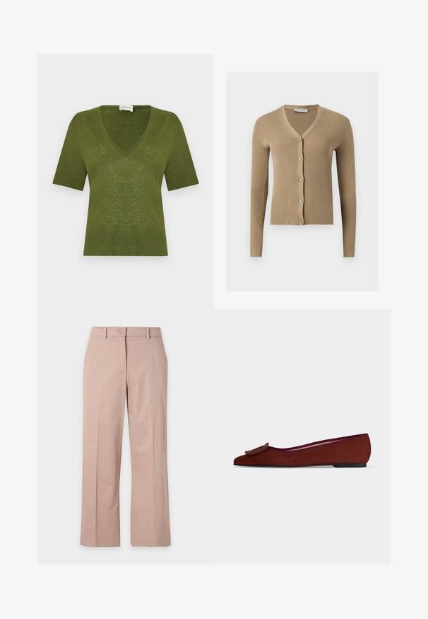 Cardigan beige en maille côtelée avec encolure en V, manches longues et cinq boutons à l'avant.; Pull vert olive à manches courtes et col en V, fabriqué en maille légère, avec bordures côtelées aux manches et à la base.; Pantalon beige à jambes droites avec fermeture à boutons à l’avant, passants pour ceinture, poches latérales et plis repassés sur fond uni.; Chaussure plate en daim marron pour femme avec bout pointu et grande boucle décorative sur le dessus sur fond uni.