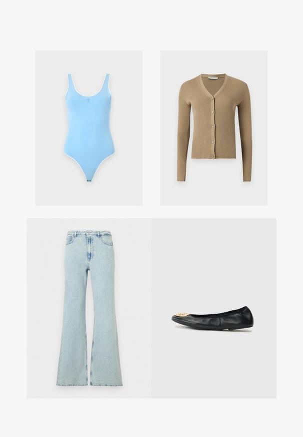 Cardigan beige en maille côtelée avec encolure en V, manches longues et cinq boutons à l'avant.; Body sans manches bleu clair avec encolure dégagée et bordure blanche, avec un petit logo centré sur la poitrine.; Jean en denim bleu clair taille haute avec jambes larges, fermeture par boutons devant, fermeture éclair et poches devant et derrière.; Ballerine en cuir noir avec un bout arrondi, présentant un accent en métal doré sur le bout, une texture lisse et une semelle flexible.
