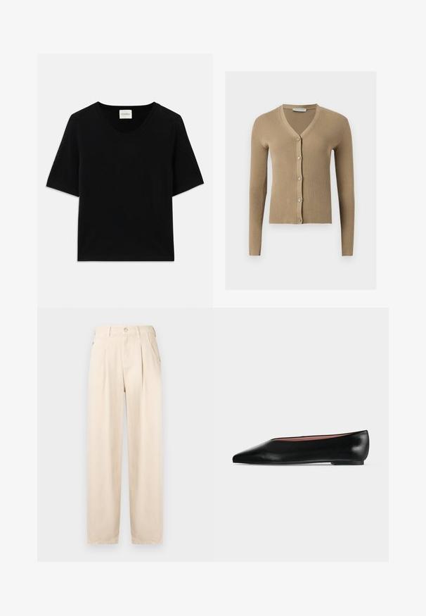Beige ribstrikket cardigan med V-hals, lange ærmer og fem knapper foran.; Sort kortærmet strikket top med rund halsudskæring. Har en glat tekstur og ribbede detaljer langs halsudskæringen og ærmerne.; Beige plisserede bukser lavet af bomuldsblanding. Har lynlås foran, knaplukning og sidelommer med en afslappet pasform og lige ben.; Sort damesko i læder med flad hæl og spids tå, vist fra siden på en ensfarvet lys grå baggrund.