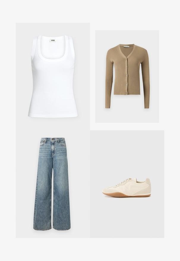 Cardigan beige en maille côtelée avec encolure en V, manches longues et cinq boutons à l'avant.; Débardeur blanc côtelé sans manches avec un col rond et une étiquette de marque DRYKORN à l'intérieur du col arrière.; Jean large de couleur bleu clair en denim, présentant une taille haute, une texture délavée, un design à cinq poches et des coutures contrastantes.; Baskets beige clair avec une tige en cuir texturé, des panneaux latéraux texturés et une semelle en caoutchouc. Dotées d'un design fin et épuré ainsi que de lacets plats.