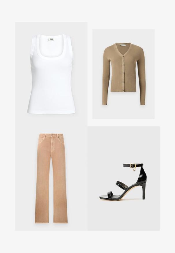 Cardigan beige en maille côtelée avec encolure en V, manches longues et cinq boutons à l'avant.; Débardeur blanc côtelé sans manches avec un col rond et une étiquette de marque DRYKORN à l'intérieur du col arrière.; Jean taille haute à jambes droites de couleur marron clair avec bouton frontal, fermeture éclair, passants de ceinture et design à cinq poches.; Sandale en cuir verni noir avec trois brides, boucle de cheville et talon aiguille de 10 cm. Présente un détail en métal doré et un charm logo.