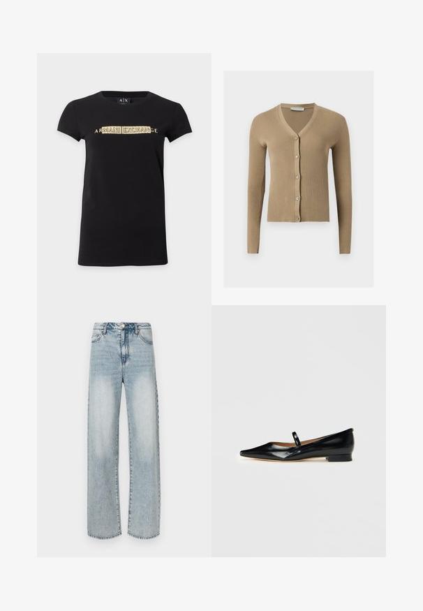 Cardigan beige en maille côtelée avec encolure en V, manches longues et cinq boutons à l'avant.; T-shirt noir à manches courtes avec texte doré "ARMANI EXCHANGE" centré sur la poitrine et col rond.; Jean large couleur bleu clair en denim, doté d'une taille haute, d'un design à cinq poches, d'une texture délavée et de détails de coutures visibles.; Chaussure plate Mary Jane en cuir verni noir, à bout pointu, avec une seule sangle et un petit talon sur fond uni.