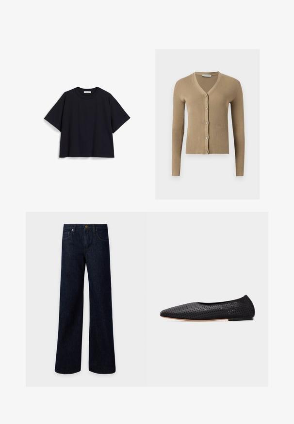 Beige geribbelde gebreide cardigan met V-hals, lange mouwen en vijf knopen aan de voorkant.; Navyblauwe t-shirt met korte mouwen, gemaakt van zachte katoen, met een losse pasvorm, ronde halslijn en een minimalistisch ontwerp. Geen zichtbare patronen of accenten.; Donkerblauwe wijde denim jeans met knoop aan de voorkant en zakken, afgebeeld tegen een effen lichte achtergrond.; Zwarte ballerinas van geperforeerd leer met spitse neus en lage hak, zijaanzicht op een witte achtergrond.