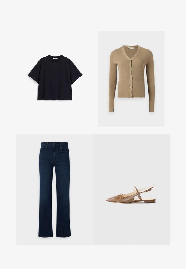 Beige ribstrikket cardigan med V-hals, lange ærmer og fem knapper foran.; Mørkeblå kortærmet t-shirt lavet af blød bomuld, med en afslappet pasform, rund halsudskæring og minimalistisk design. Ingen synlige mønstre eller accenter.; Mørkeblå jeans med højtaljet, lige ben, forlommer, bæltestropper og knaplukning på en ensfarvet lys baggrund.; Brune lædersandaletter med spidse tæer, to smalle stropper og en lav hæl. Glat tekstur med en poleret finish.