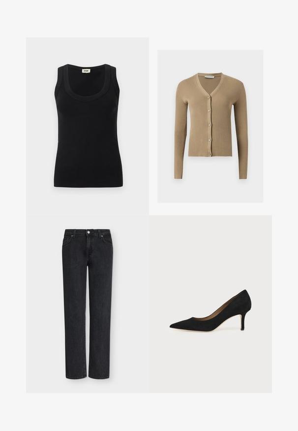 Cardigan beige en maille côtelée avec encolure en V, manches longues et cinq boutons à l'avant.; Débardeur en tissu côtelé noir avec larges bretelles et encolure dégagée, étiquette de la marque "DRYKORN" à l'intérieur du col au dos.; Jean noir à jambe droite avec un design classique à cinq poches, passants pour ceinture et fermeture à bouton, présenté sur un fond blanc uni.; Escarpin en daim noir à bout pointu avec un talon stiletto fin de hauteur moyenne et un design à coupe basse sur un fond uni.