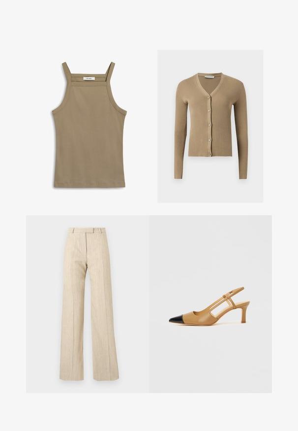 Beige geribbelde gebreide cardigan met V-hals, lange mouwen en vijf knopen aan de voorkant.; Khaki tanktop met dunne schouderbandjes, geribbelde textuur en een rechte zoom. Etiket met de tekst "IVY OAK" op de halslijn.; Beige wijde broek met hoge taille, riemlussen en plooien aan de voorkant, gemaakt van gestructureerde stof.; Beige slingbackhakken met een spitse zwarte neuskap, met uitgeholde zijkanten en een blokhak van gemiddelde hoogte. Glad leermateriaal.